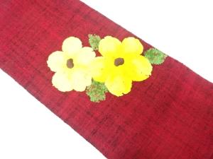 手織り真綿紬　花模様織り出し　名古屋帯